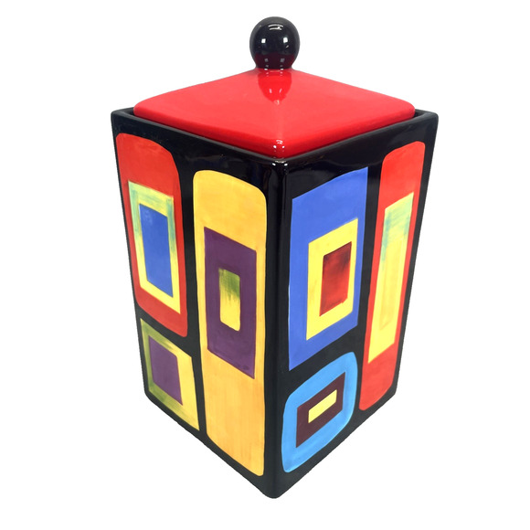 Mary Naylor Designs Modern Ceramic Canister Red Lid Hand Painted Abstract 7x4.5 - Picture 1 of 8